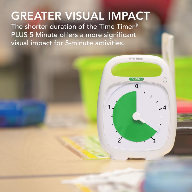 TIME TIMER PLUS 5 Minute Desk Visual Timer - Countdown Timer with Portable Handle for Classroom, Office, Homeschooling, Study Tool with Silent Operation (White) - Image 2